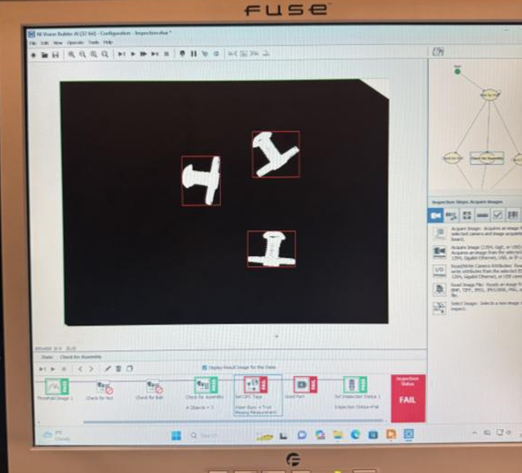 NI Vision Builder detecting three assembled nut-and-bolt pairs